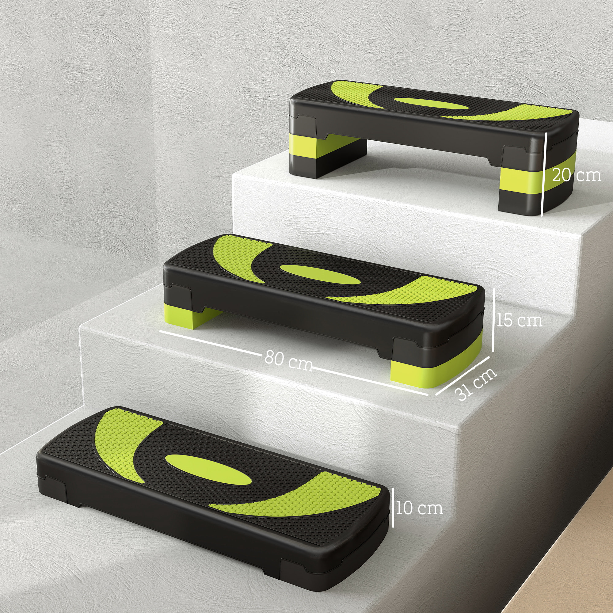 Step de Aeróbic Step para Fitness Antideslizante con Altura Regulable 3 Niveles de 10/15/20 cm Tabla Plataforma Stepper para Ejercicio en Casa Gimnasia Carga 150 kg 80x31x20 cm Verde y Negro
