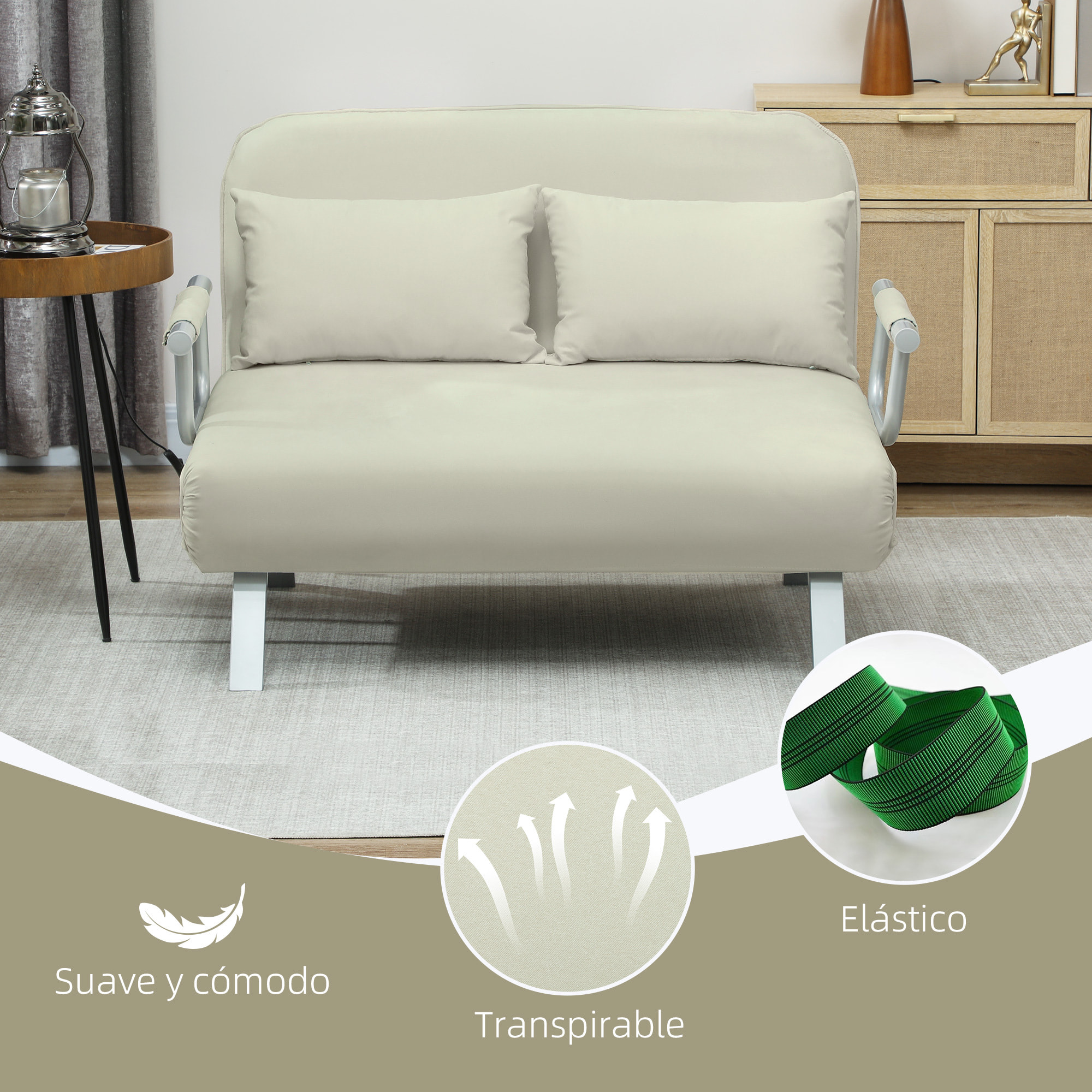 Sofá Cama de 2 Plaza 2 en 1, Sillón Cama Plegable Tapizado en Ante Sintético, con Respaldo Ajustable en 5 Niveles y 2 Almohadas Acolchadas, para Oficina, Dormitorio, Salón, 111x80x78 cm, Crema