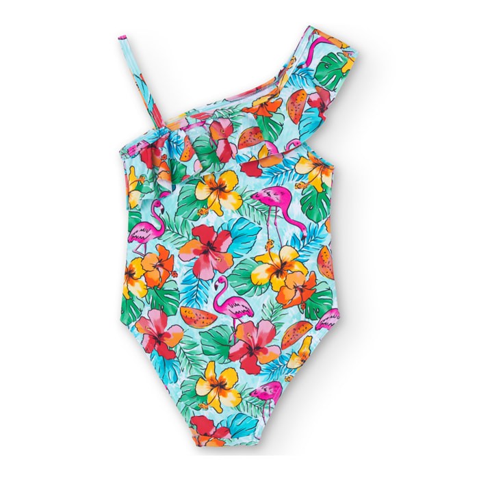 Bañador, volante niña estampado, flores, rosa