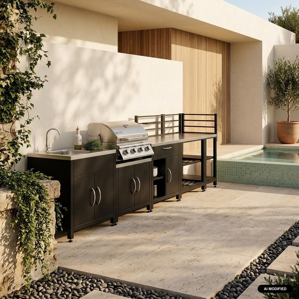 Cuisine extérieure 5 modules acier inoxydable avec barbecue gaz 4 brûleurs GRIMAUD 5 MODULES + BARBECUE GAZ