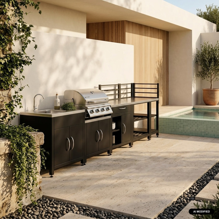 Cuisine extérieure 5 modules acier inoxydable avec barbecue gaz 4 brûleurs GRIMAUD 5 MODULES + BARBECUE GAZ