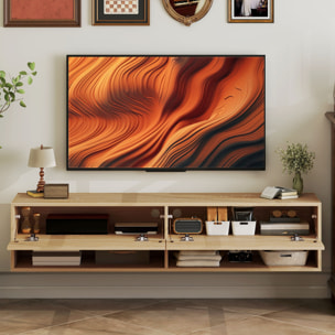 Mueble de TV Suspendido, Mueble de TV para Salón con 2 Cajones Abatibles, 2 Estantes Abiertos, Gestión de Cables, Estilo Moderno, para Televisión 60 Pulgadas, 140x32x31 cm, Madera Natural