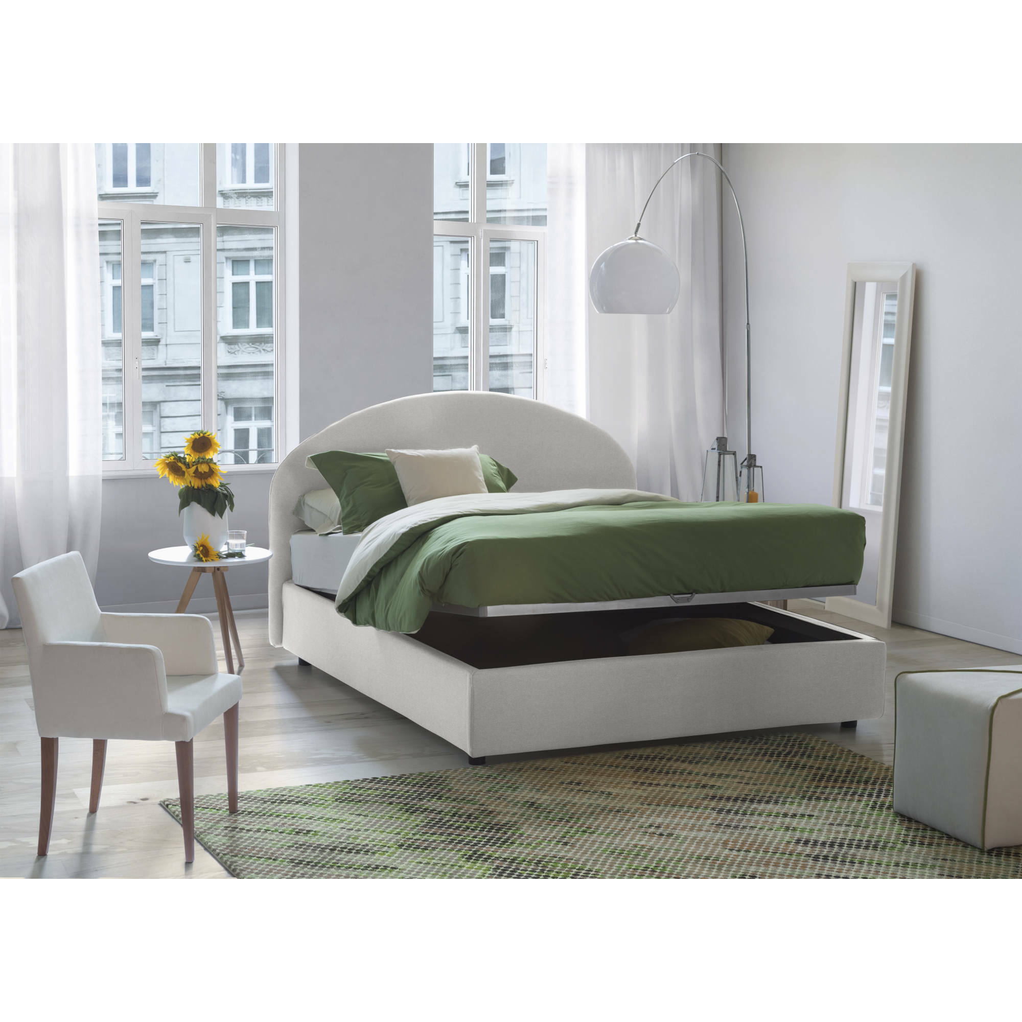 Letto piazza e mezza Acy, Letto contenitore con rivestimento in tessuto, 100% Made in Italy, Apertura frontale, con materasso Cm 120x190 incluso, Bianco