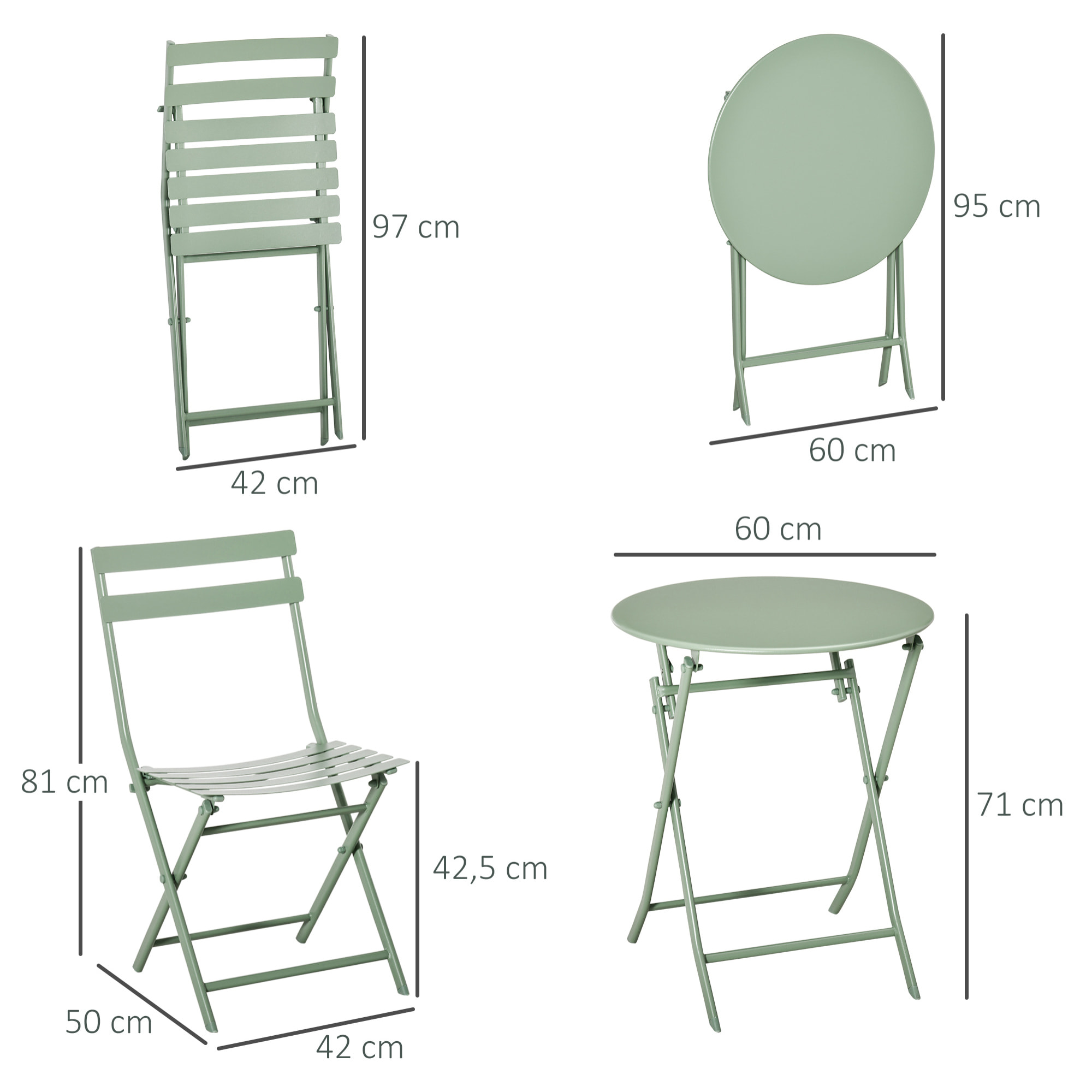 Salon de jardin bistro pliable - table ronde Ø 60 cm avec 2 chaises pliantes - métal thermolaqué vert d'eau