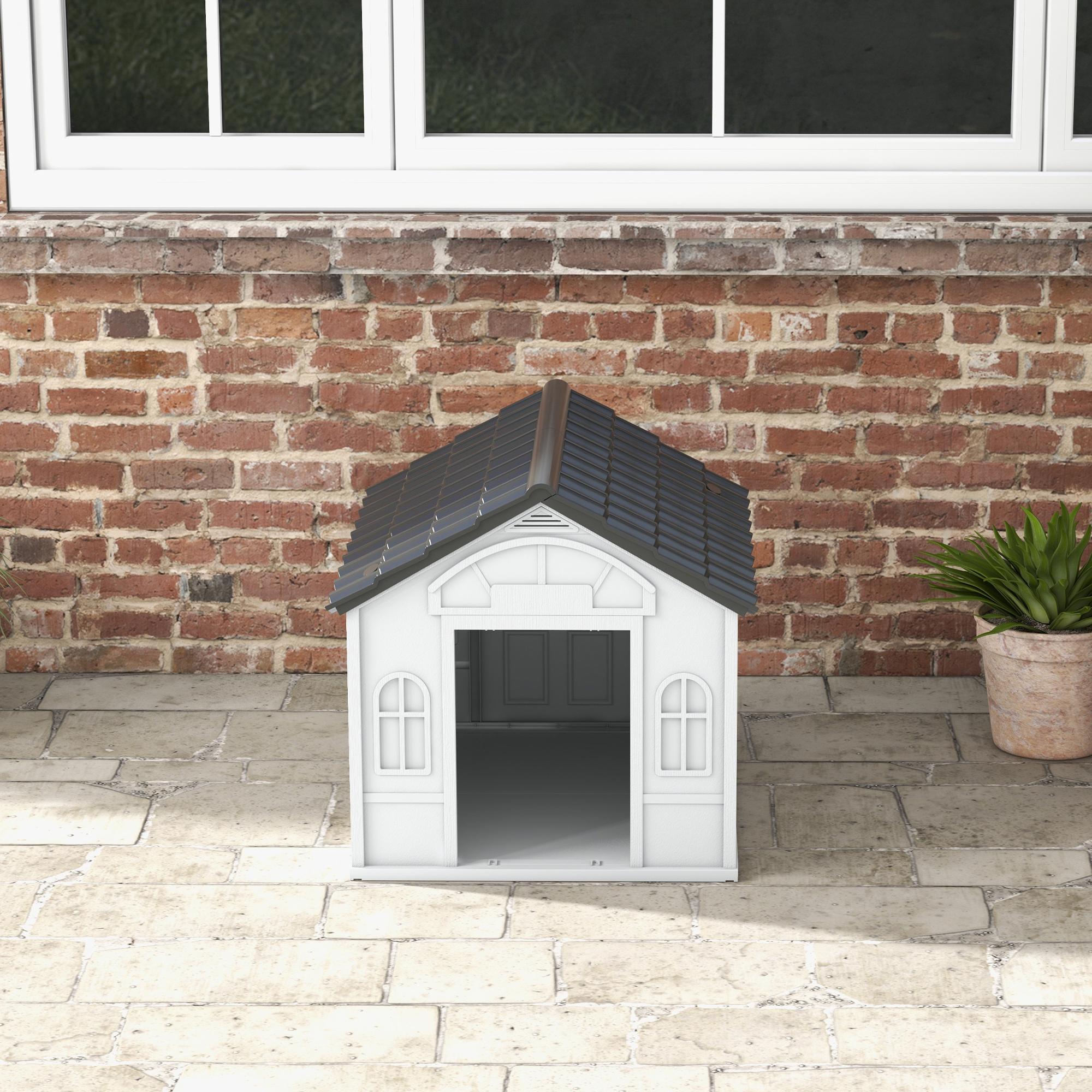 Caseta para Perros 65x75,7x63 cm Casa para Perros con Patrón de Ventana y Techo de Tejas de Imitación para Perros Medianos Gris y Blanco