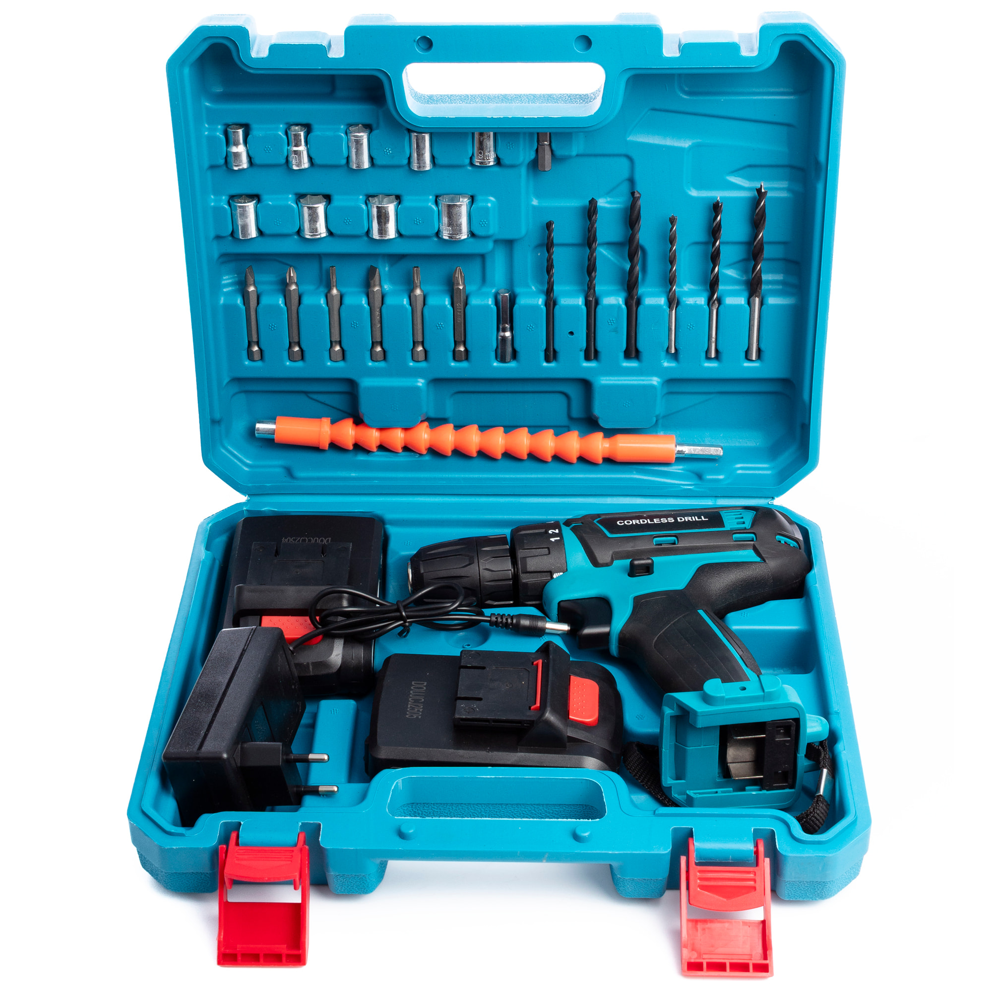 Trapano elettrico senza fili con doppia velocità, 35NM, valigetta di trasporto e 24 accessori. 2 batterie da 6500 mAh.