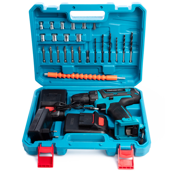 Trapano elettrico senza fili con doppia velocità, 35NM, valigetta di trasporto e 24 accessori. 2 batterie da 6500 mAh.