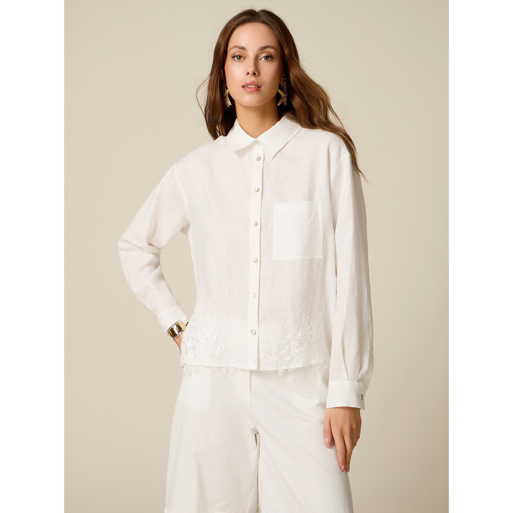 Oltre - Camisa de lino con encaje - Blanco