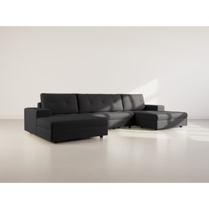 Bastian - canapé panoramique en U 7 places convertible avec coffre en velours texturé - Noir