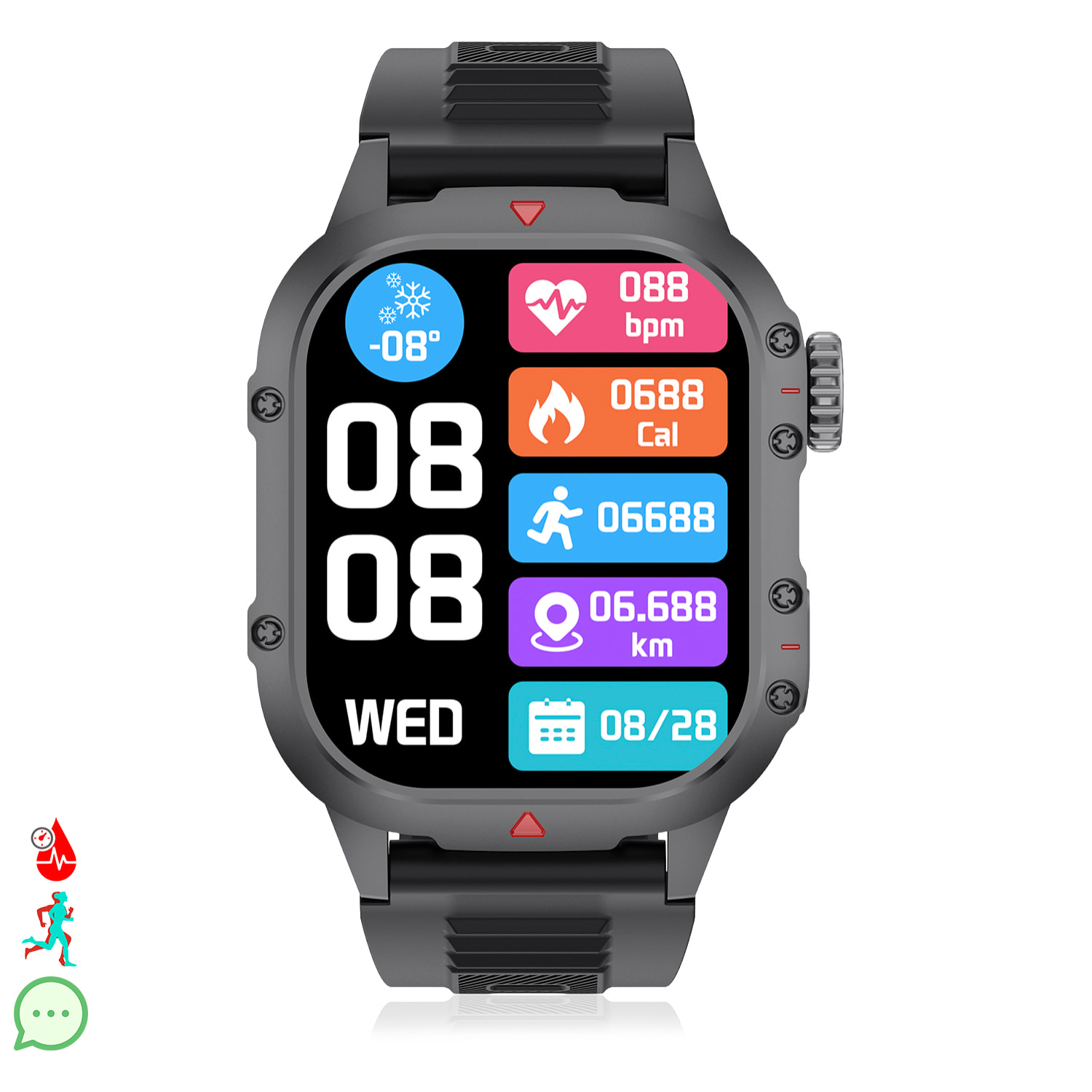 Smartwatch B04 con chiamate BT, notifiche push. Monitor sportivo e di salute. Corona multifunzione.