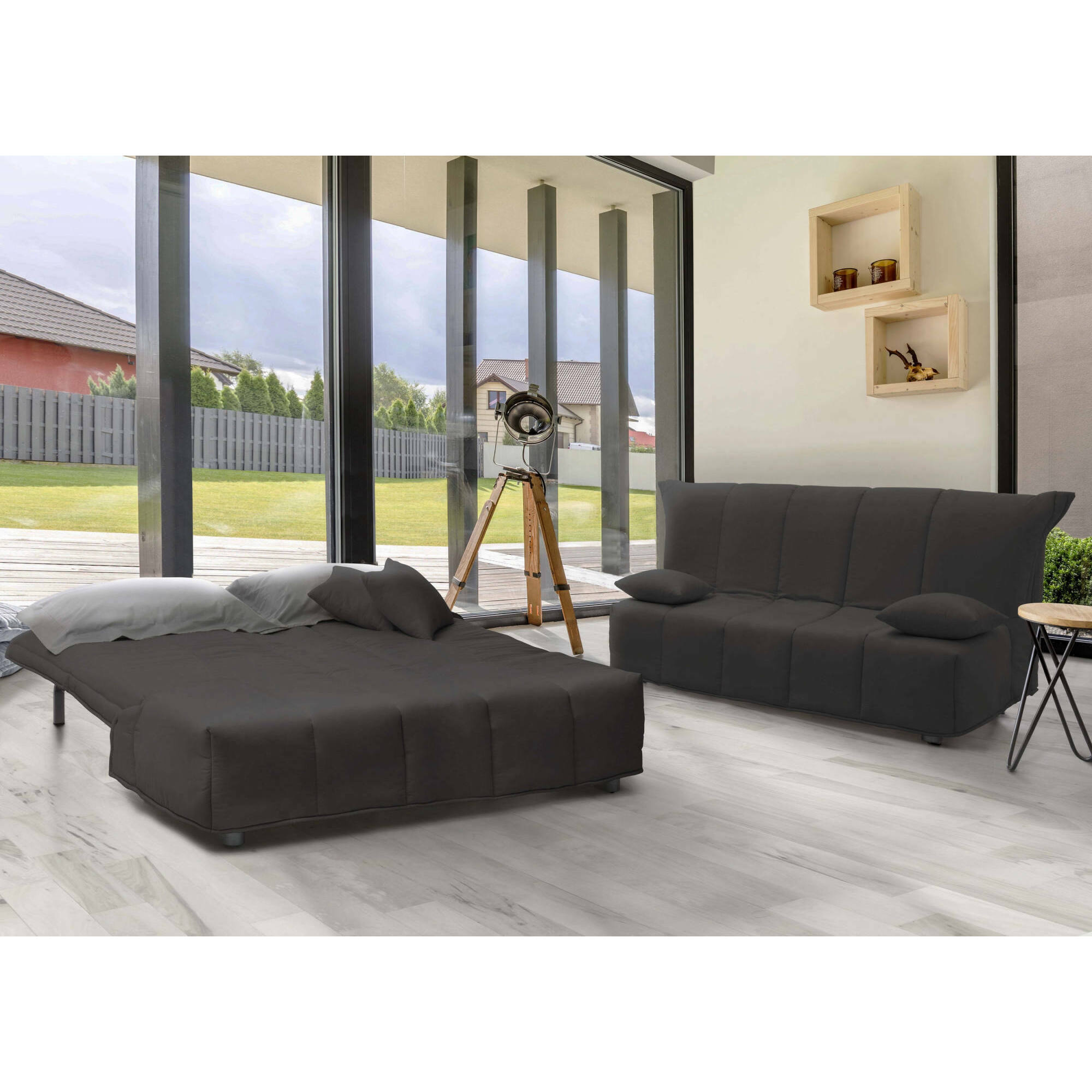 Divano Letto Allegra, Divano a 3 posti, 100% Made in Italy, Sofà Soggiorno con apertura a carrello, in tessuto imbottito, con cuscini inclusi, Cm 165x90h85, Grigio