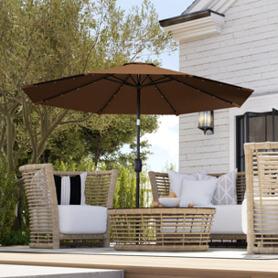 Sombrilla Terraza Exterior Ø265 cm Sombrilla de Jardín con 32 Luces LED Solares Poste de Acero y Manivela Parasol Inclinable para Patio Terraza Marrón