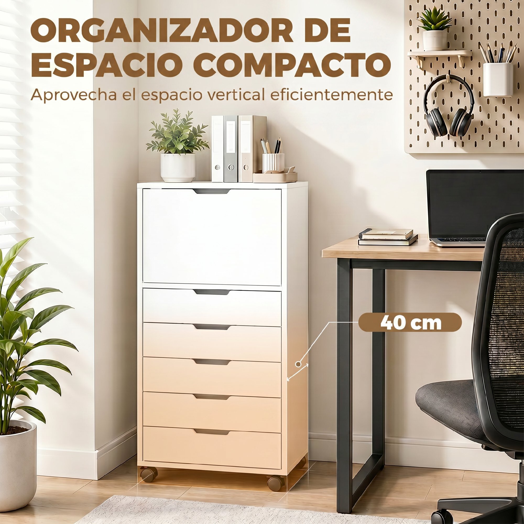 Cajonera Escritorio con 5 Cajones, Cajonera de Oficina con Ruedas y Armario con Cierre Suave, Soporte para Impresora, Mueble Archivador para Oficina en Casa, Blanco