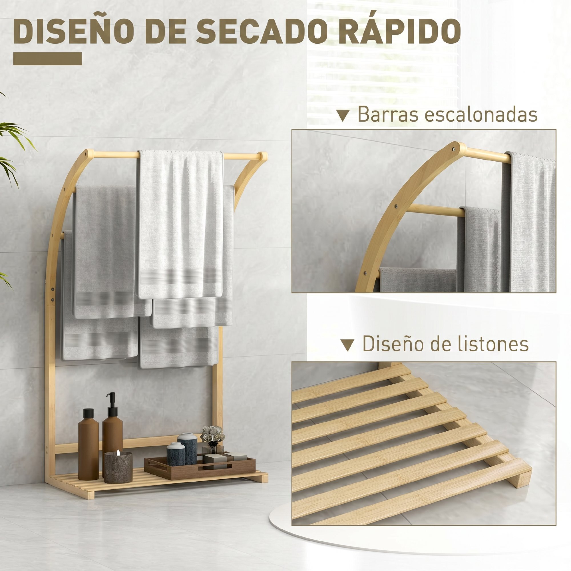 Toallero de Pie de Bambú, Soporte de Toallas de Baño con 3 Barras y Estante de Almacenamiento, para Baño y Lavandería, 50x29x84 cm, Natural