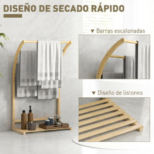 Toallero de Pie de Bambú, Soporte de Toallas de Baño con 3 Barras y Estante de Almacenamiento, para Baño y Lavandería, 50x29x84 cm, Natural
