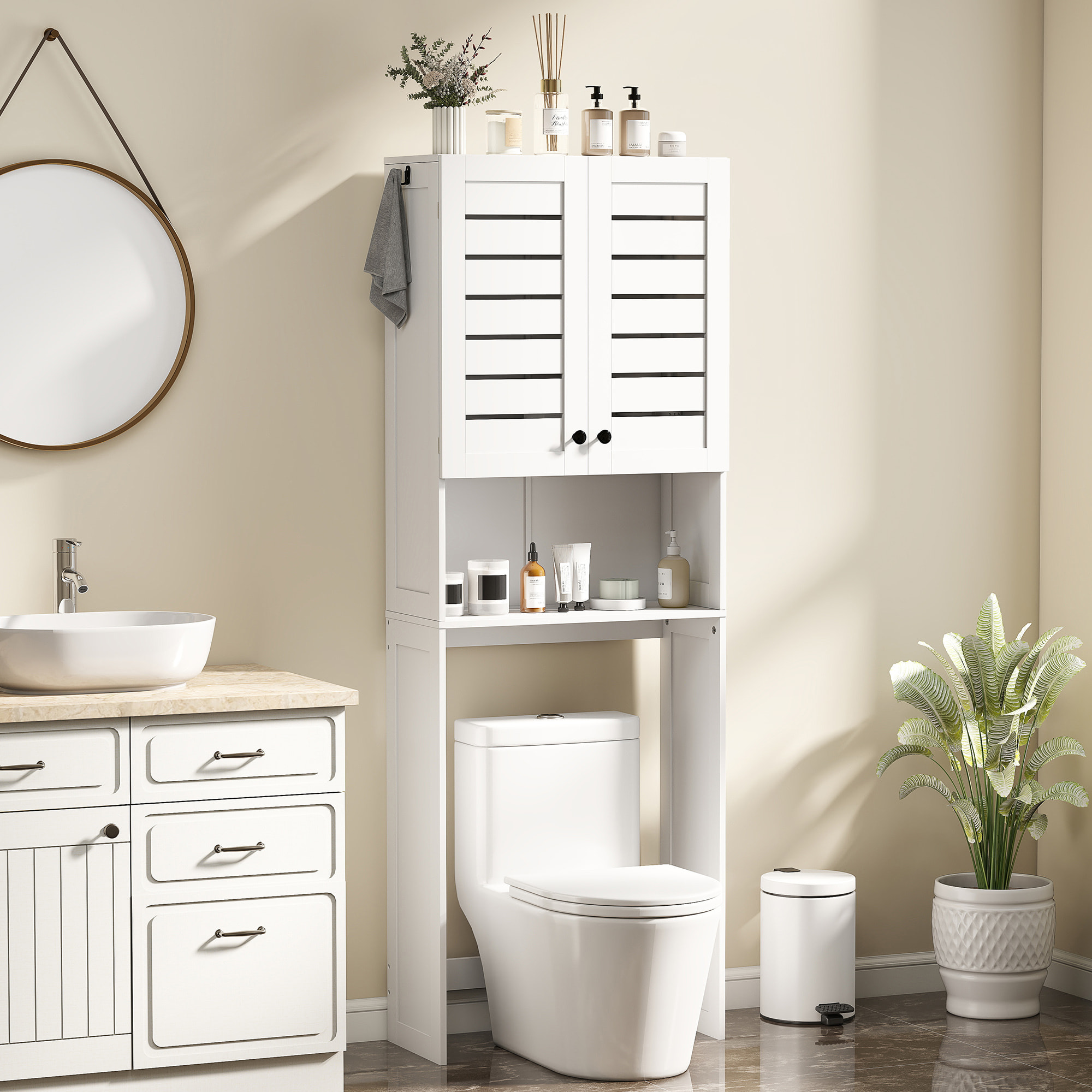 Meuble WC meuble dessus toilettes style classique chic 2 portes étagère niche blanc