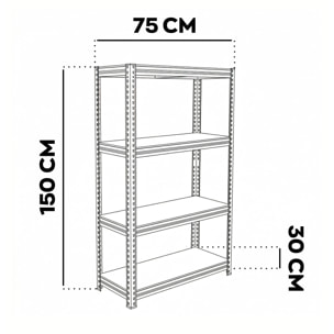 Brace 75 - Scaffale in metallo 150x73x30 cm 4 ripiani carico max 700 Kg Scaffalatura per Garage in Metallo e MDF Nero