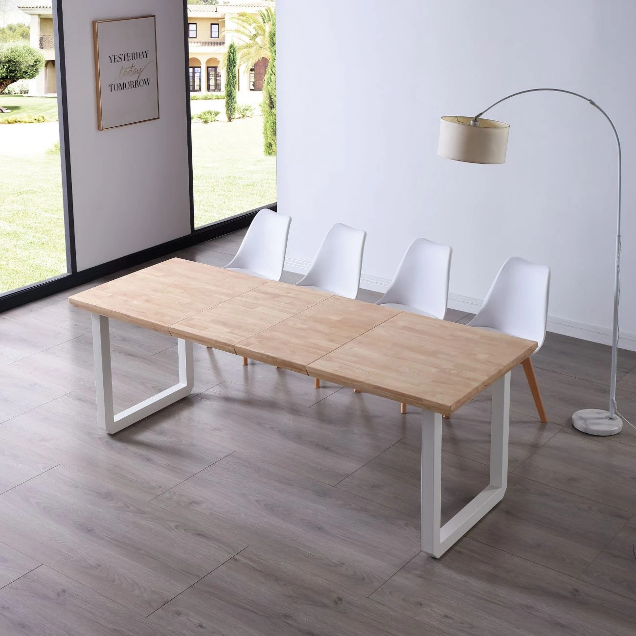 Mesa de comedor extensible con patas metálicas en blanco y roble 140-220x80cm Roma Roble - Blanco