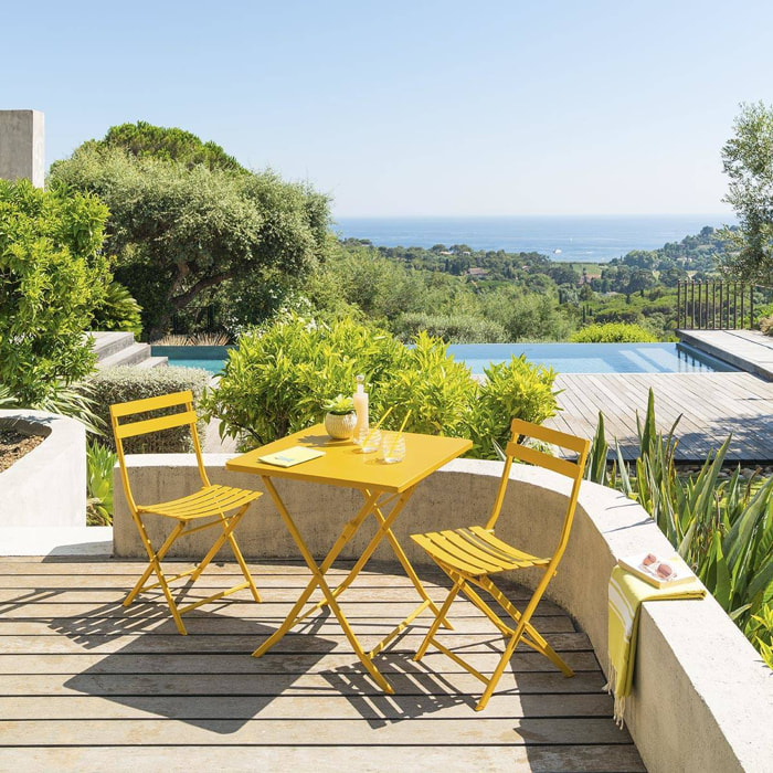 Table de jardin pliante carrée "Greensboro" jaune moutarde 2 places en acier traité époxy