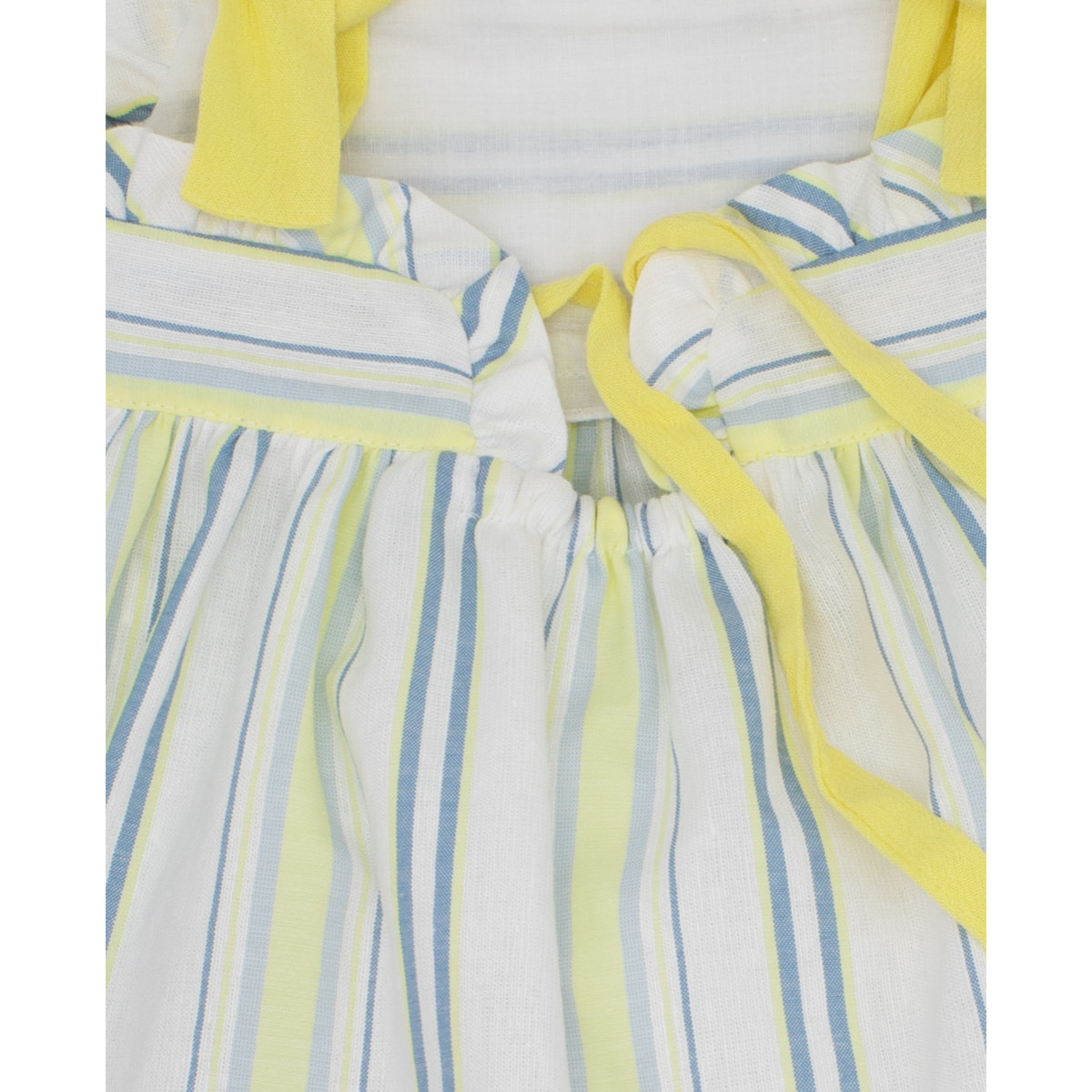 VESTIDO RAYAS AZUL Y AMARILLA TIRANTE LAZOS Y VOLANTITOS