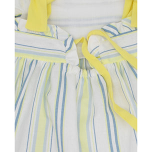 VESTIDO RAYAS AZUL Y AMARILLA TIRANTE LAZOS Y VOLANTITOS