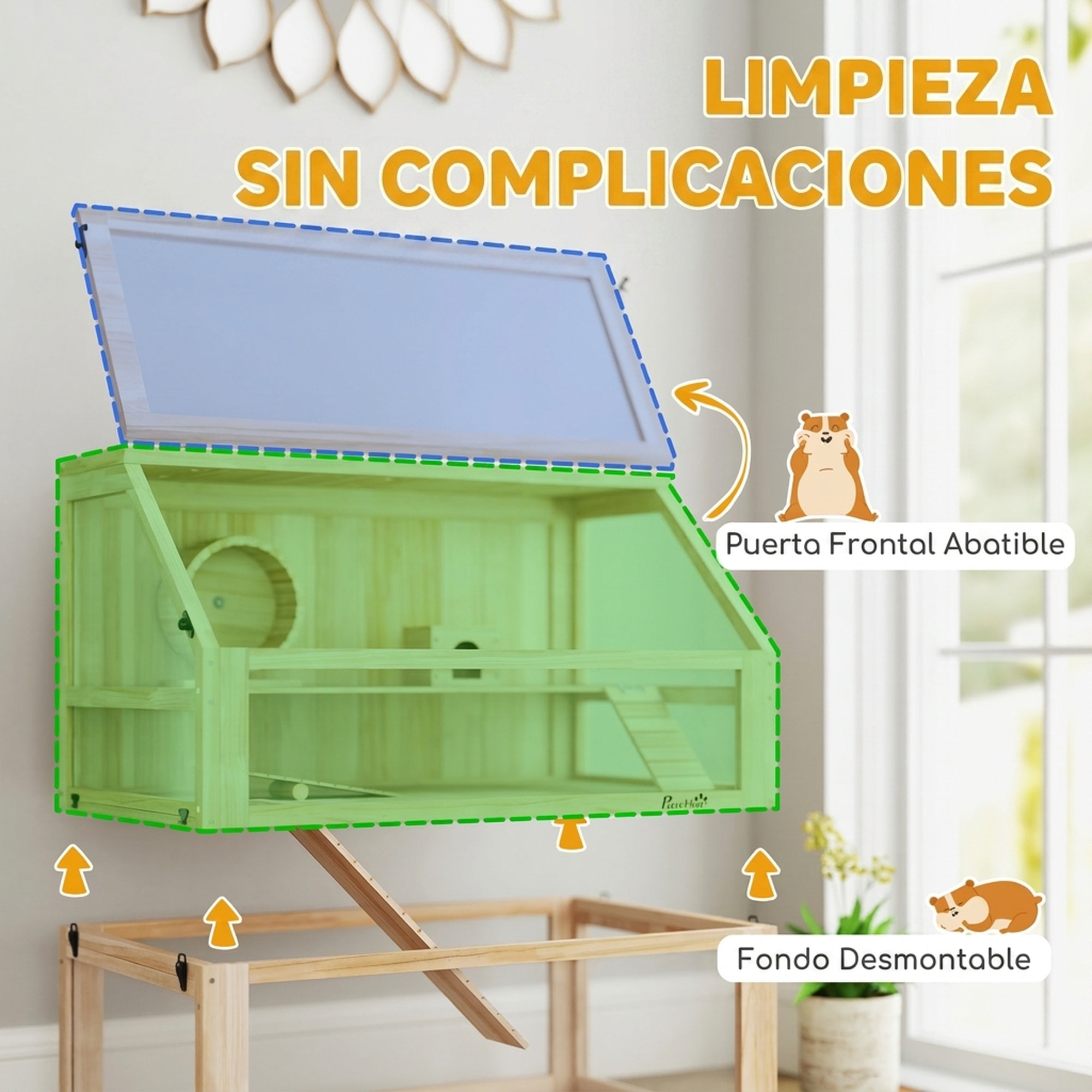 Jaula para Hámster de Madera 3 Niveles, Casa para Roedores Pequeños con Base Profundo Desmontable, Balancín, Rueda de Ejercicio, Rampas, Casita, Paneles Transparentes, Jerbos, Enanos, Natural