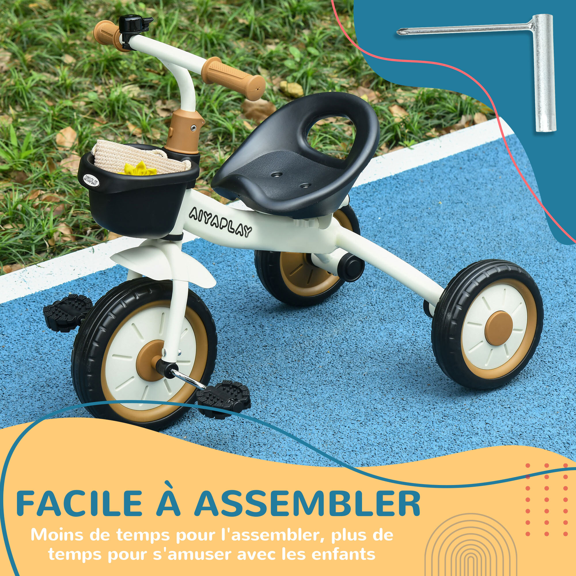 Tricycle enfant multi-équipé garde-boue sonnette panier pédales antidérapantes siège réglable avec dossier métal blanc