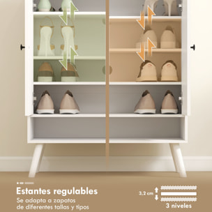 Zapatero de 2 Puertas en Lamas, Zapatero Entrada Recibidor con Estantes Ajustables, Compartimento Abierto, para 15 Pares de Zapatos, 75x35x97 cm, Blanco