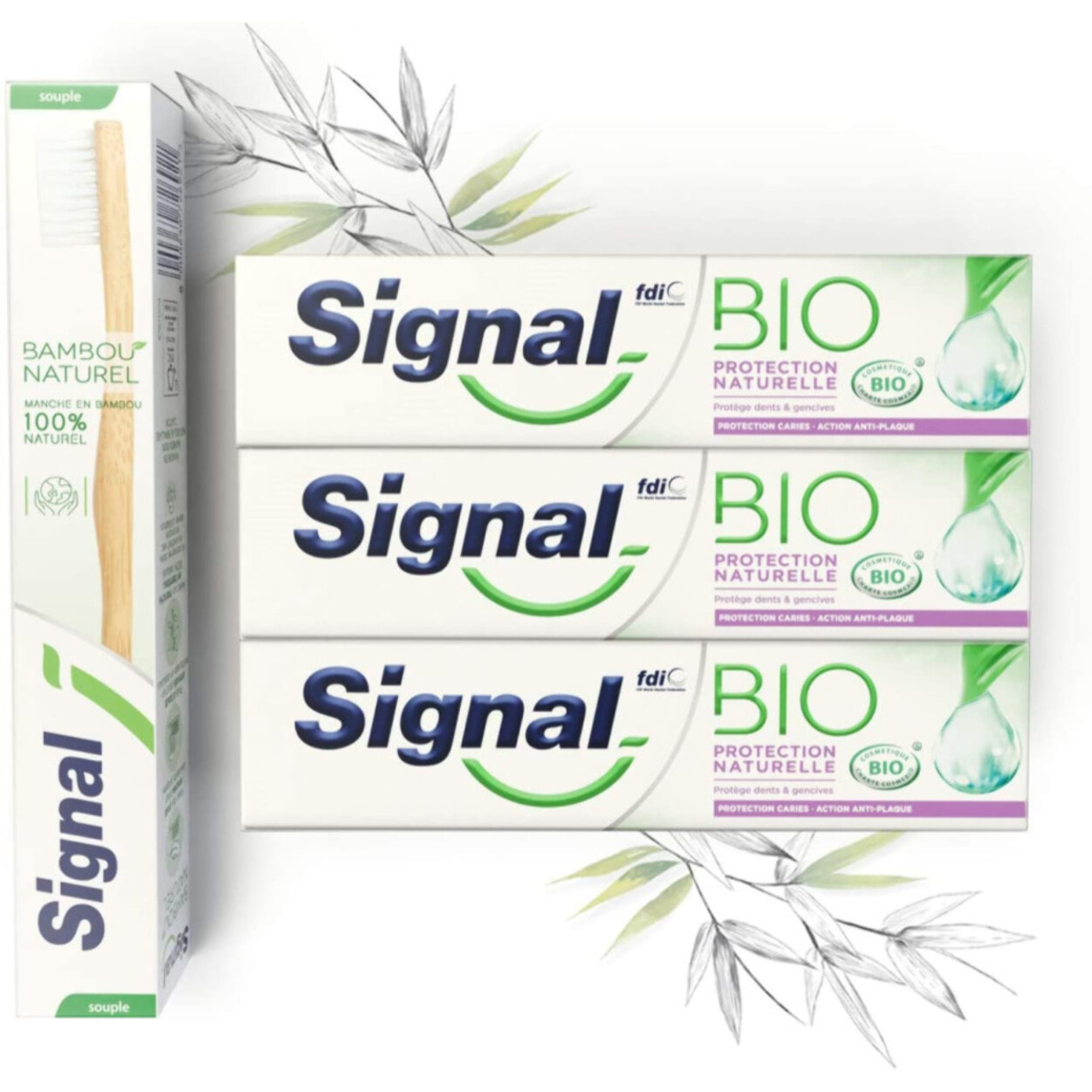 Pack de 3 - Signal - Kit 3 Dentifrices Bio Protection Naturelle et 1 Brosse à Dents Manuelle Souple Bambou 100 % N