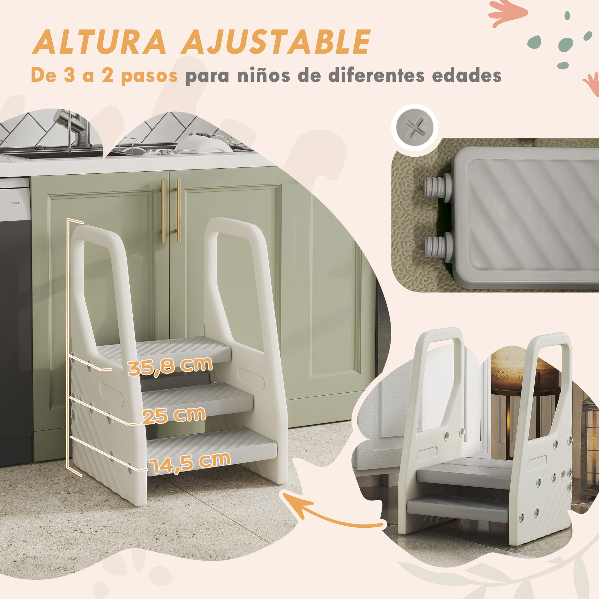 Taburete para Niños Ajustable de 2 a 3 Peldaños, Torre de Aprendizaje, Escalera para Niños de 2-5 Años, Superficie Antideslizante, para Baño, Cocina, Librería, Dormitorio, Gris