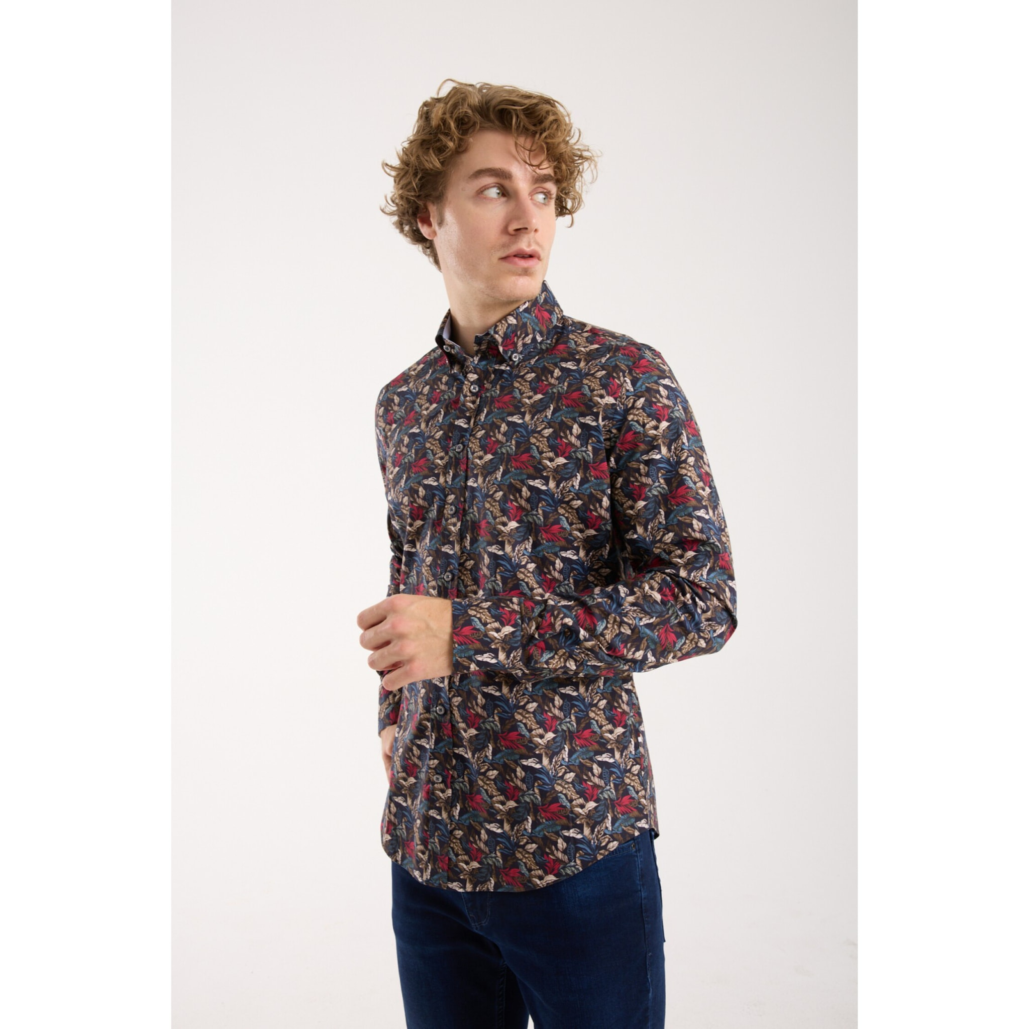 camicia uomo 1 bottone button down slim Popeline Stretch Stampato Blu\Rosso