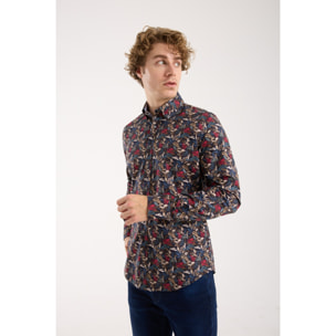 camicia uomo 1 bottone button down slim Popeline Stretch Stampato Blu\Rosso