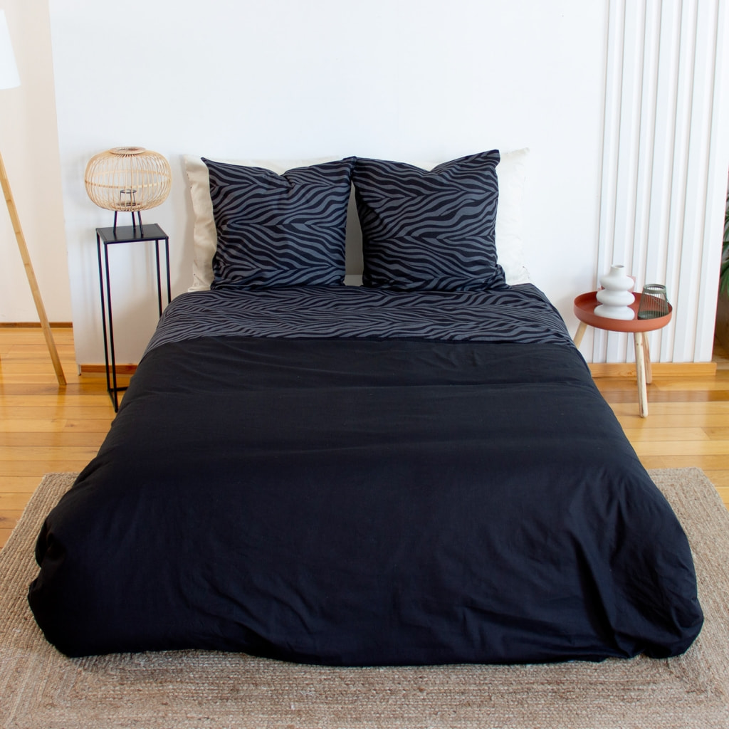 Parure de lit coton réversible imprimé zèbre 2 places noir ZEBRA