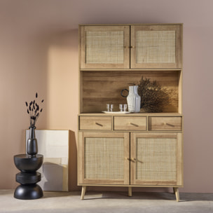 Buffet de cuisine BOHEME décor bois et cannage 4 portes 3 tiroirs 110 cm. Naturel. pieds en bois de pin revêtement papier