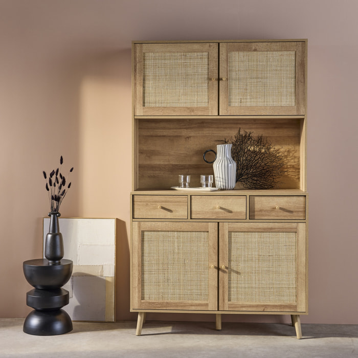 Buffet de cuisine BOHEME décor bois et cannage 4 portes 3 tiroirs 110 cm. Naturel. pieds en bois de pin revêtement papier