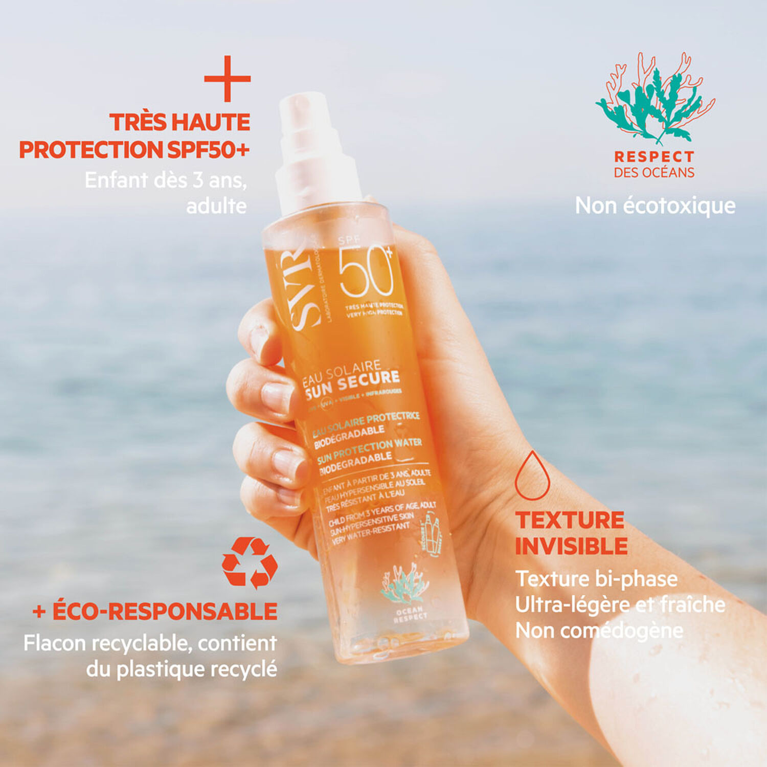 Sun Secure SPF50+ - Eau Solaire Protectrice Biodégradable 200 ml