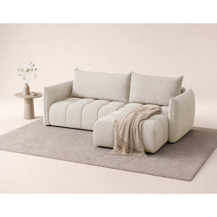 Ambroise - Canapé d'angle droit 4 places convertible avec coffre en velours texturé - Beige