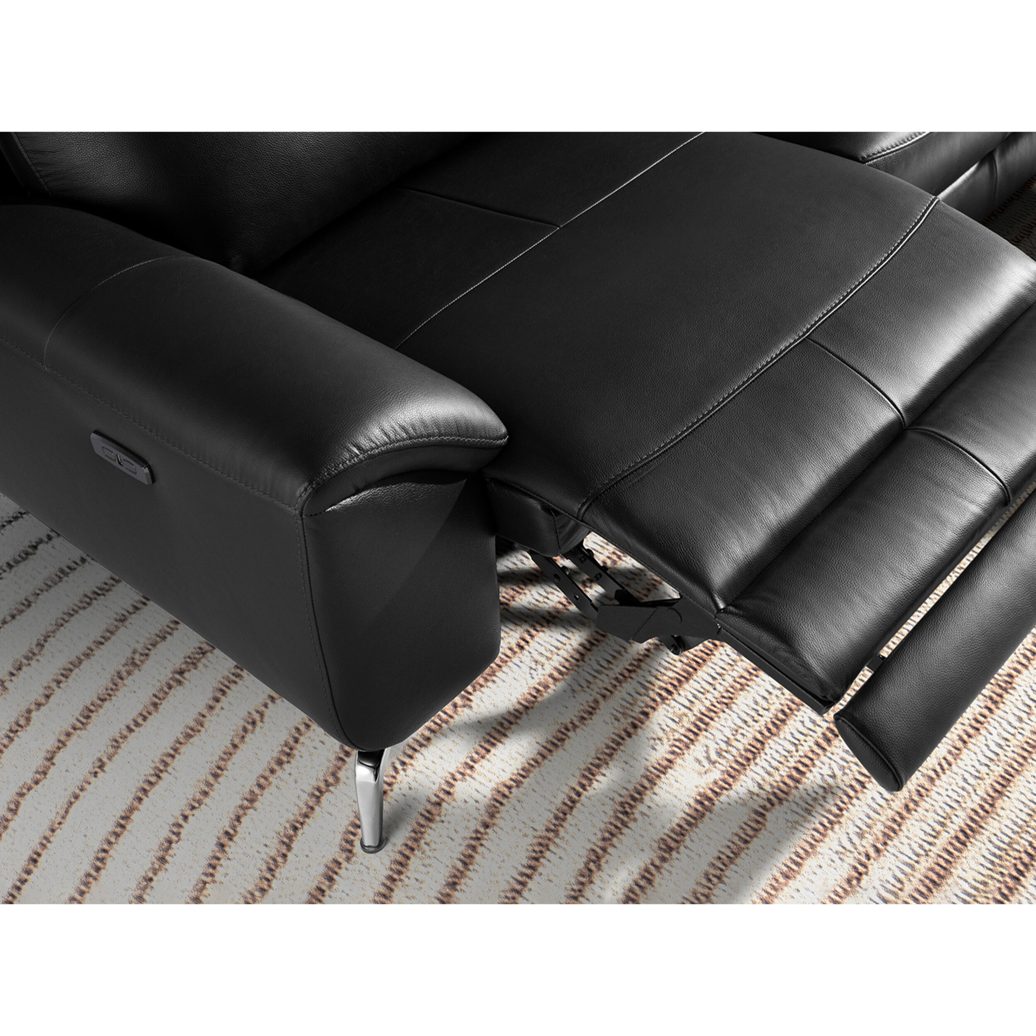 Sofá relax de 3 plazas tapizado en piel de origen vacuno en negro patas de acero inoxidable cromado 2 sistemas de relax eléctrico 264x93x92cm