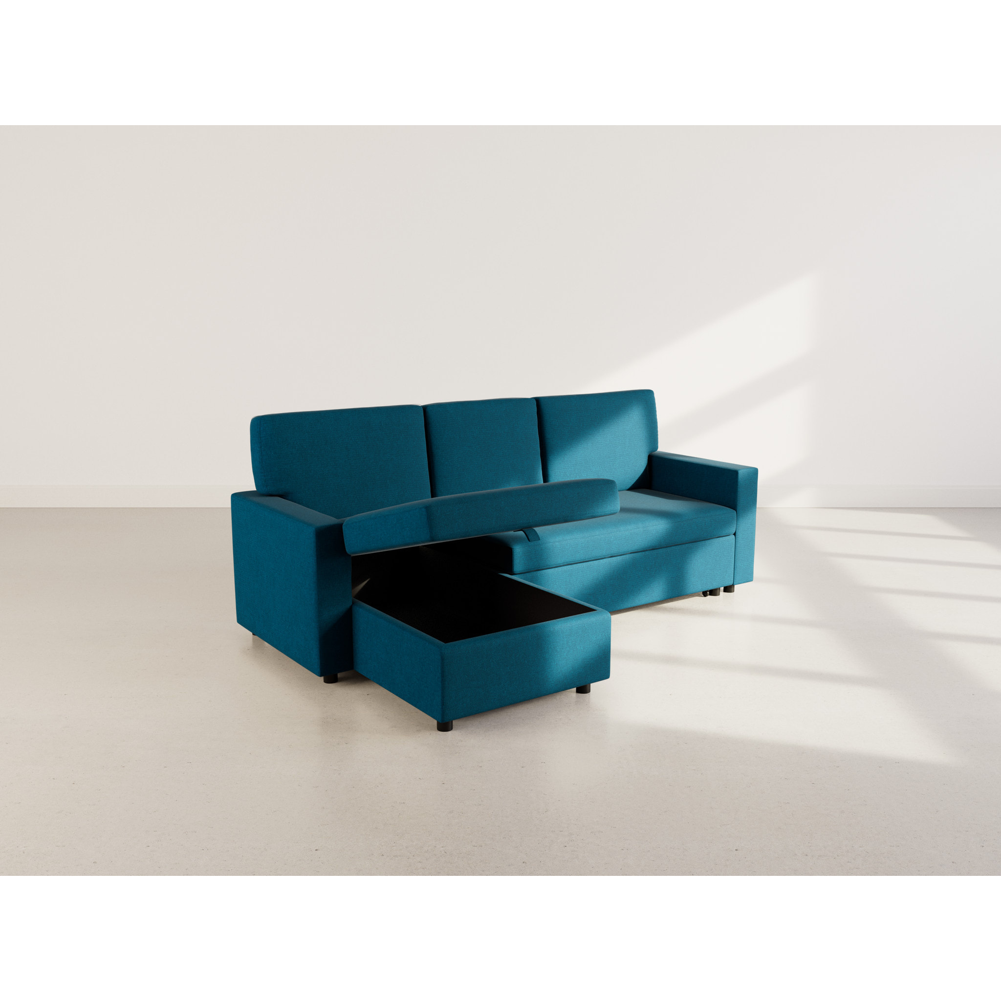 Meiya - canapé d'angle réversible 4 places convertible avec coffre en tissu - Bleu