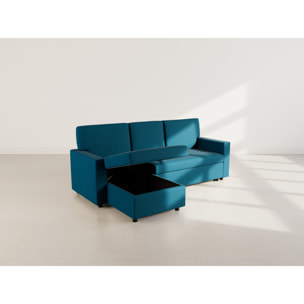 Meiya - canapé d'angle réversible 4 places convertible avec coffre en tissu - Bleu