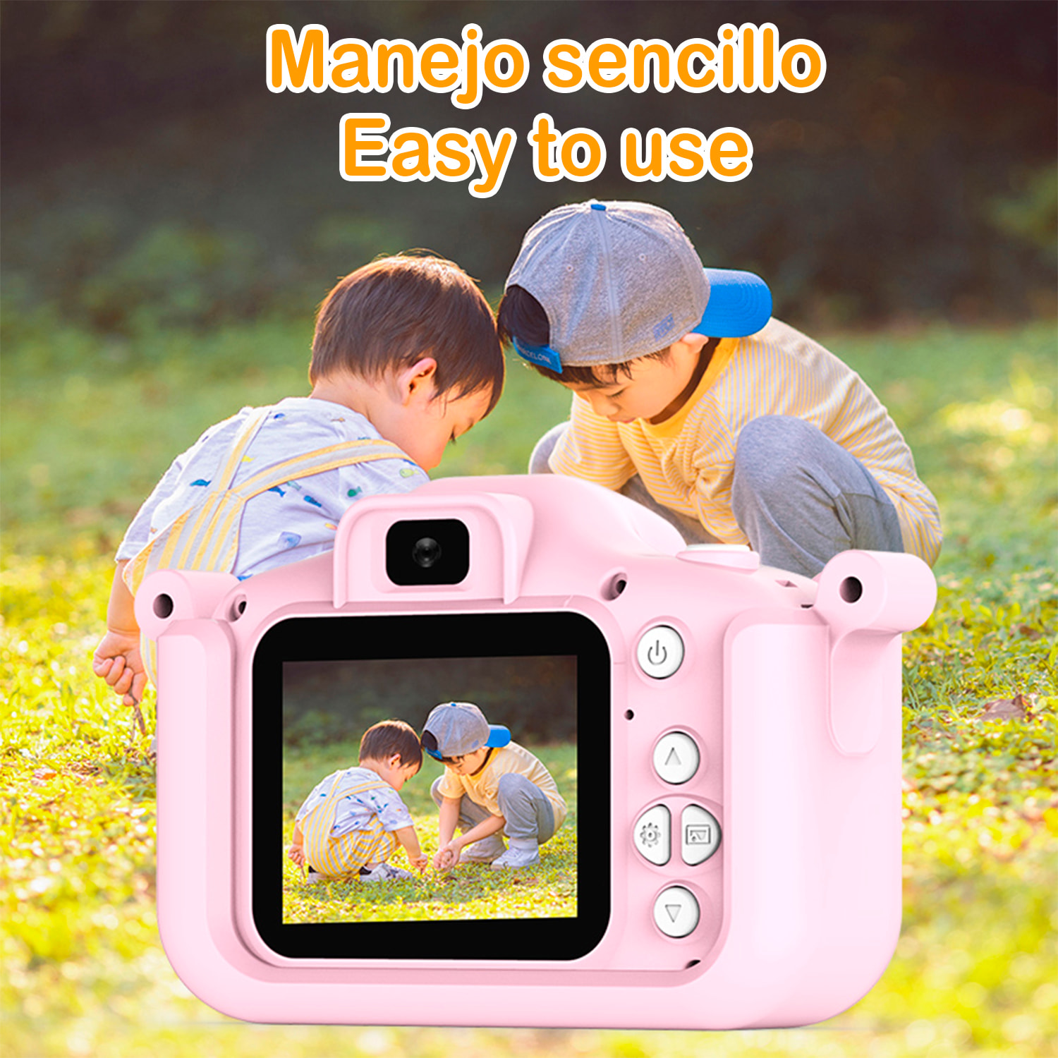 Cámara infantil de fotos y video. 44mpx y video FHD, zoom digital 8x. Cámara trasera para selfies, juegos incorporados. Funda de silicona diseño dinosaurio.