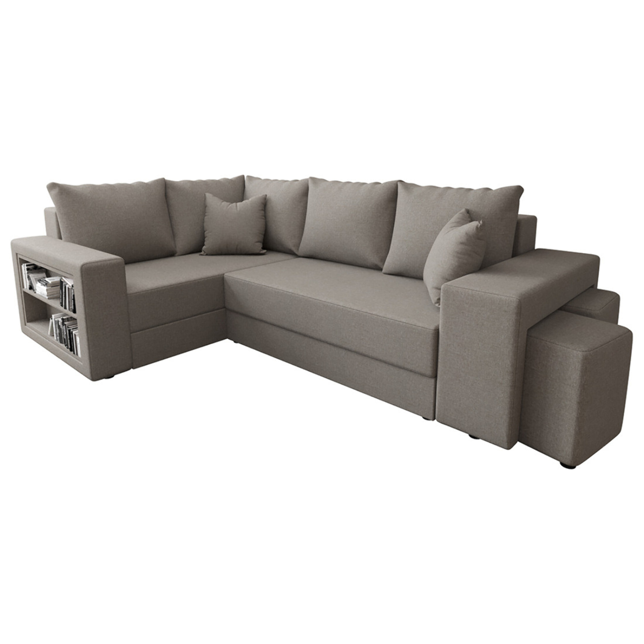 Libbie - Canapé d'angle gauche 4 places convertible avec coffre, étagère et poufs en tissu - Gris