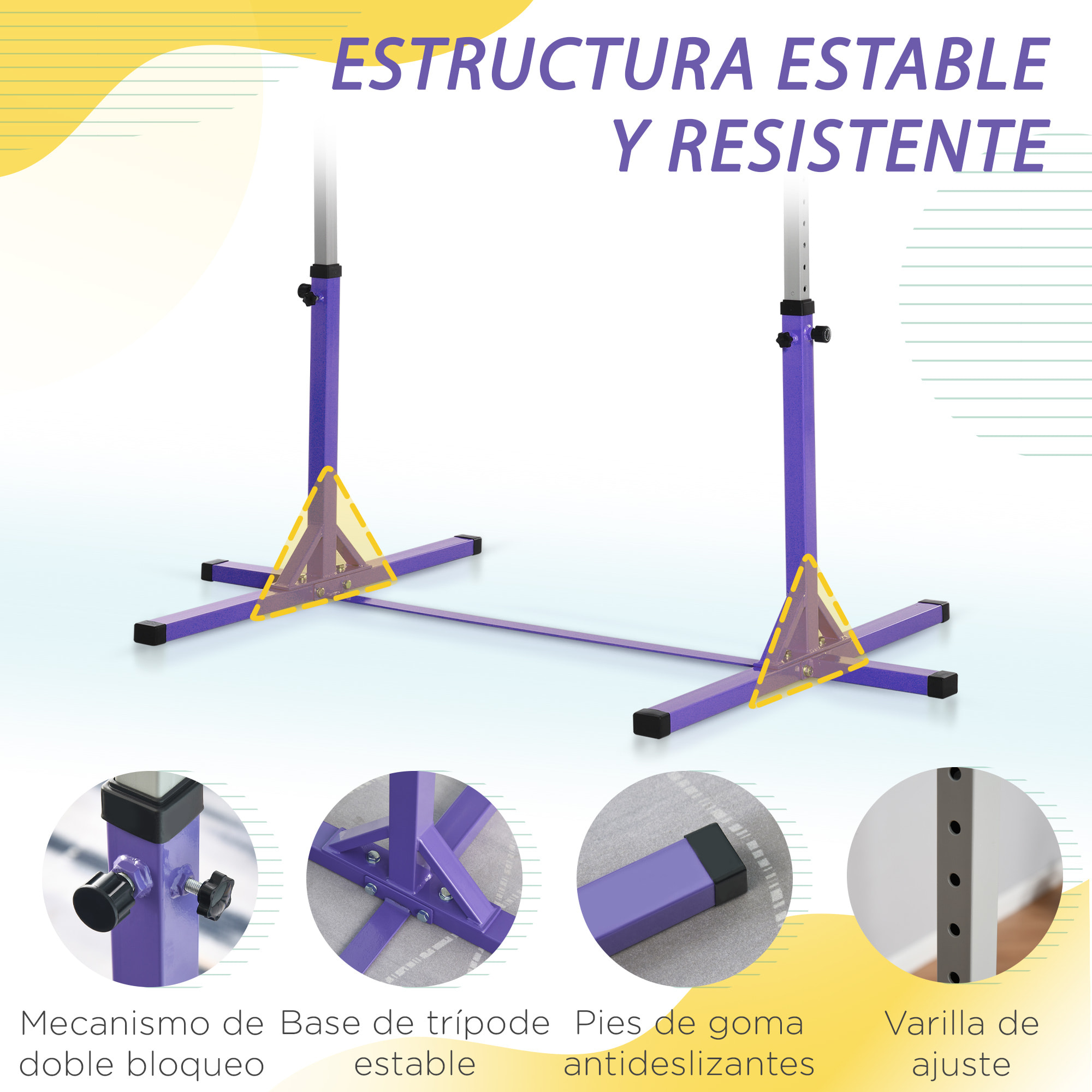 Barra de Gimnasia para Niños de +3 Años Barra de Entrenamiento con Altura Ajustable 92-150 cm Barra Horizontal de Gimnasia Carga 75 kg 194x121x150 cm Violeta