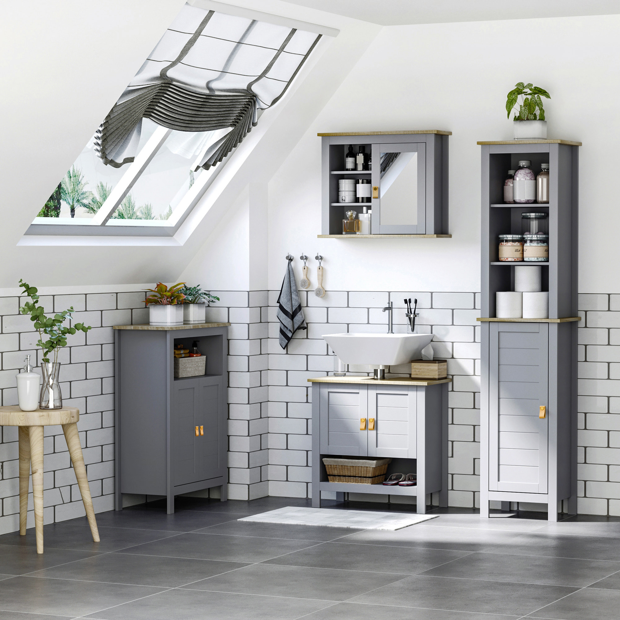 kleankin Armario Alto de Baño Mueble Columna Estrecho Moderno con 1 Puerta Estante Ajustable y 3 Compartimentos Abiertos 39x30x168 cm Gris