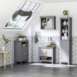 kleankin Armario Alto de Baño Mueble Columna Estrecho Moderno con 1 Puerta Estante Ajustable y 3 Compartimentos Abiertos 39x30x168 cm Gris