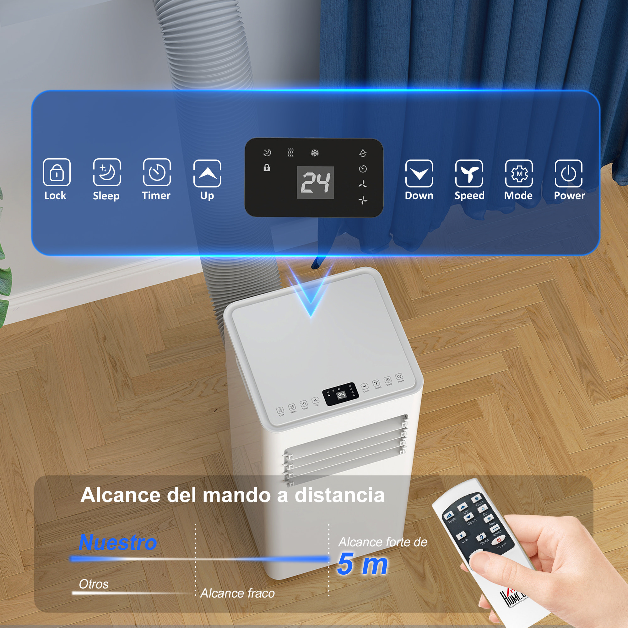 Aire Acondicionado Portátil 3 en 1 9000 BTU Enfriador Ventilador Deshumidificador 24,1 L/Día con Control Remoto Pantalla LED Temporizador 24h 2 Velocidades para Habitación 28m² Blanco