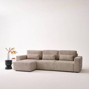 Canapé d'angle convertible réversible 5 places velours côtelé taupe avec coffre de rangement - Theo