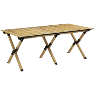 Table de camping pique-nique pliable - plateau enroulable - acier alu aspect bois naturel