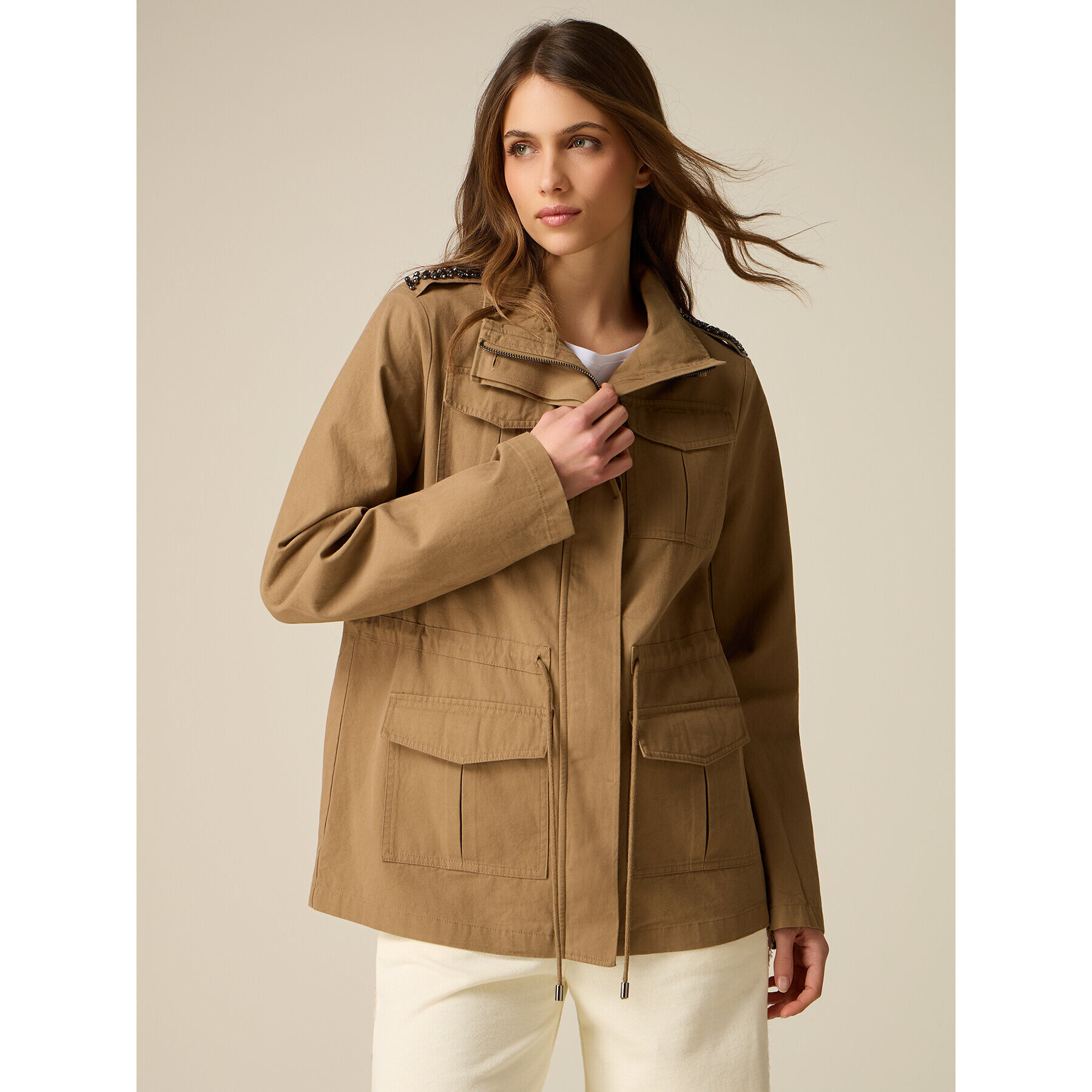 Oltre - Giubbotto in cotone con dettaglio gioiello - Marrone