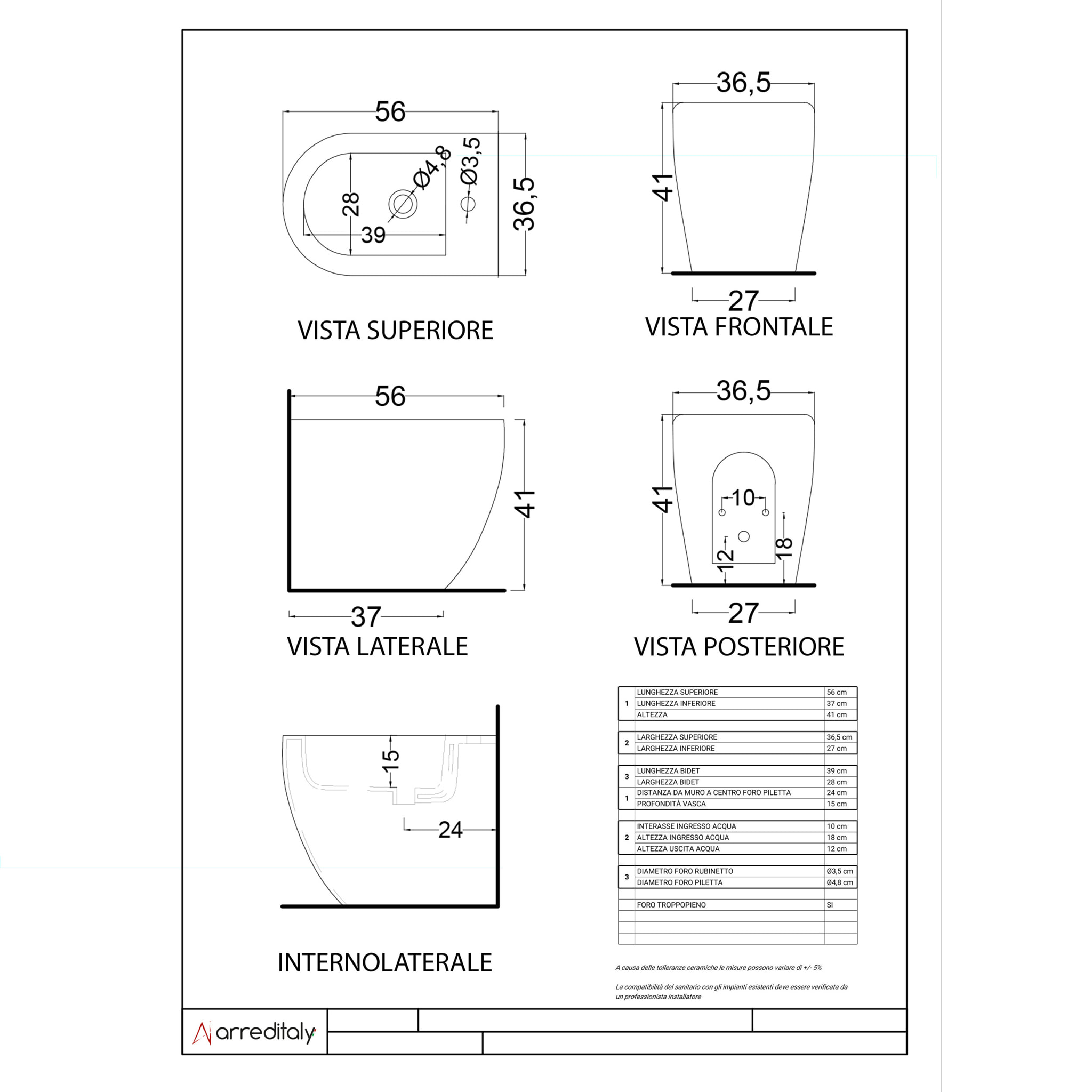 Coppia Sanitari Filomuro Filo Muro Vaso WC Rimless Senza Brida E Bidet Design Moderno In Ceramica Copriwater Chiusura Soft Close Rallentata Bianco